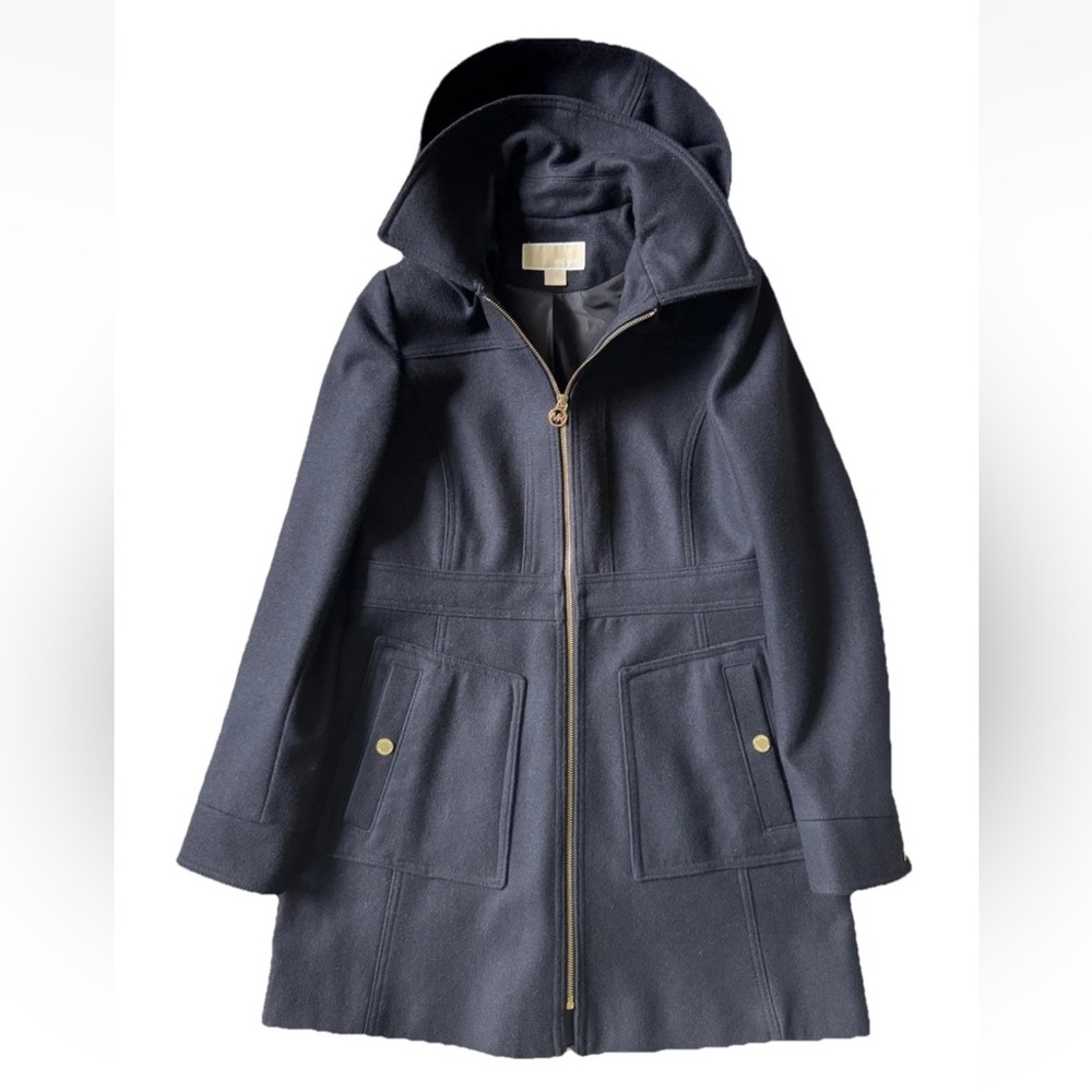 Michael Kors Navy Hooded Wool Pea Coat